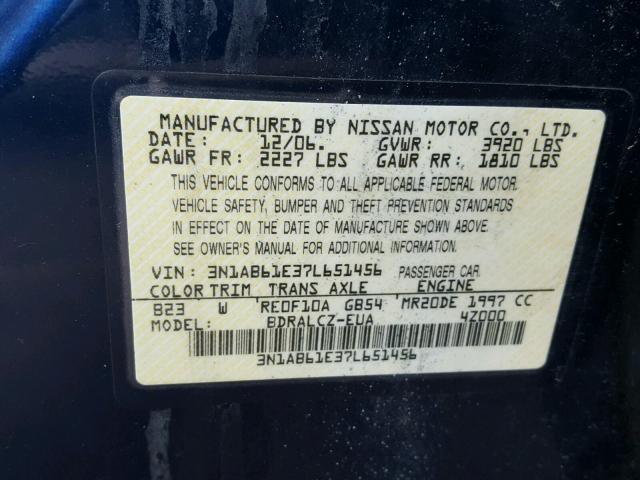 3N1AB61E37L651456 - 2007 NISSAN SENTRA 2.0 BLUE photo 10