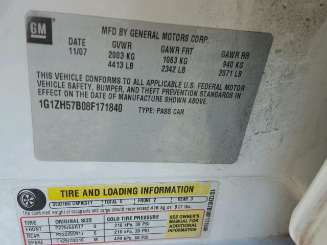 1G1ZH57B08F171840 - 2008 CHEVROLET MALIBU 1LT 白色 照片 10