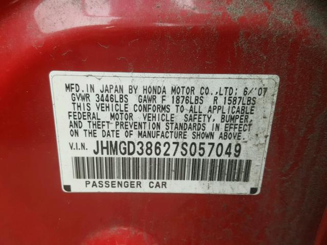 JHMGD38627S057049 - 2007 HONDA FIT S RED photo 10