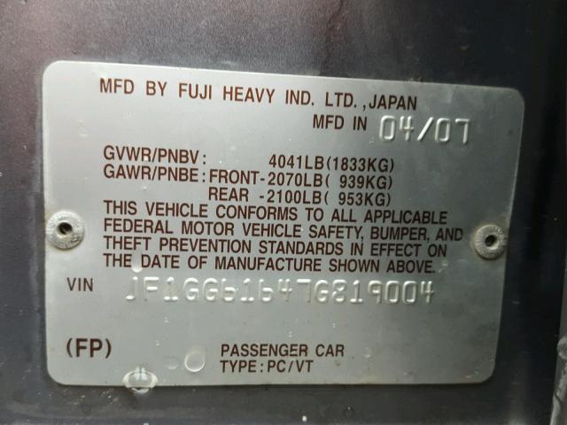 JF1GG61647G819004 - 2007 SUBARU IMPREZA SILVER photo 10