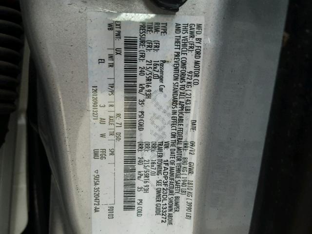 1FADP3F23DL133272 - 2013 FORD FOCUS SILVER photo 10