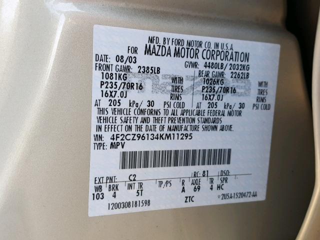 4F2CZ96134KM11295 - 2004 MAZDA TRIBUTE ES 棕色 照片 10