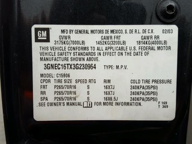 3GNEC16TX3G230964 - 2003 CHEVROLET SUBURBAN C CHARCOAL photo 10