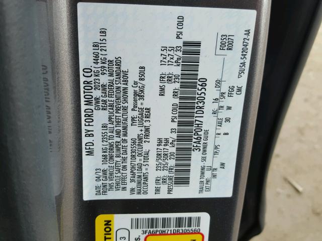 3FA6P0H71DR305560 - 2013 FORD FUSION SE GRAY photo 10