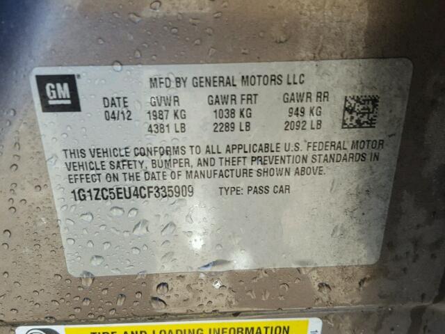 1G1ZC5EU4CF335909 - 2012 CHEVROLET MALIBU 1LT GRAY photo 10