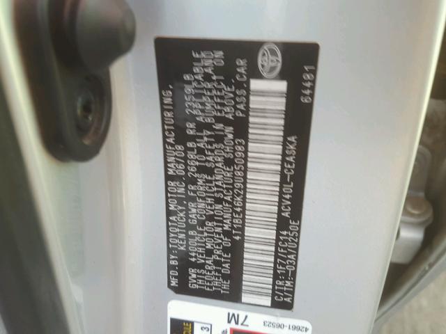 4T1BE46K29U850983 - 2009 TOYOTA CAMRY BASE ნაცრისფერი ფოტო 10