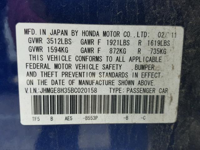 JHMGE8H35BC020158 - 2011 HONDA FIT BLUE photo 10