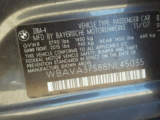 WBAVA37588NL45035 - 2008 BMW 328 I GRAY photo 10