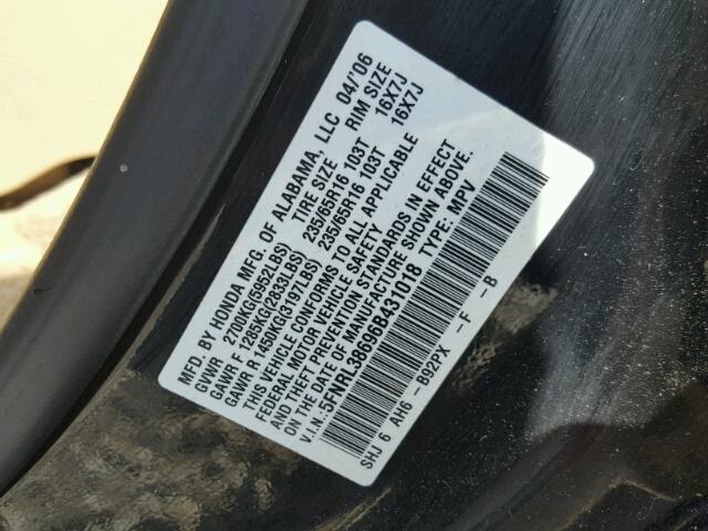 5FNRL38696B431018 - 2006 HONDA ODYSSEY EX BLACK photo 10