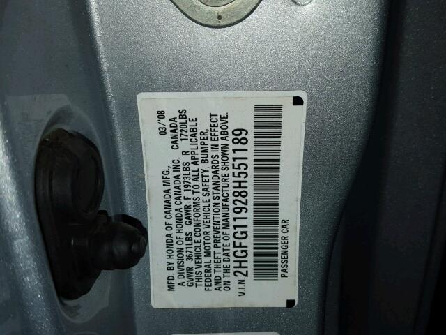 2HGFG11928H551189 - 2008 HONDA CIVIC EXL Gümüş foto 10