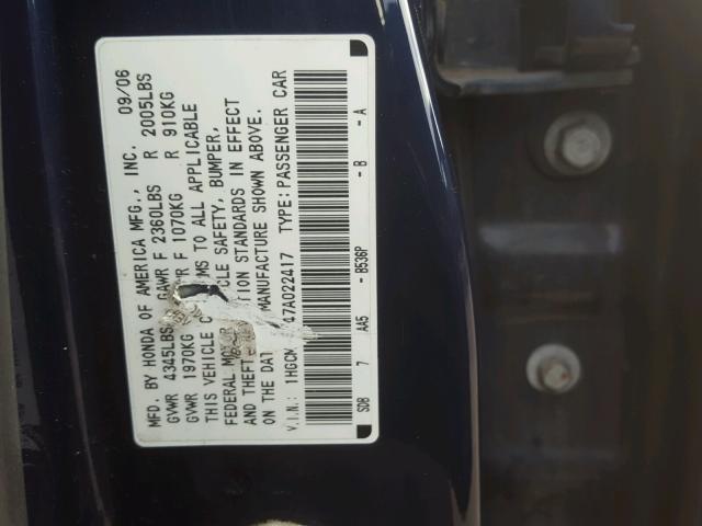 1HGCM66347A022417 - 2007 HONDA ACCORD BLUE photo 10