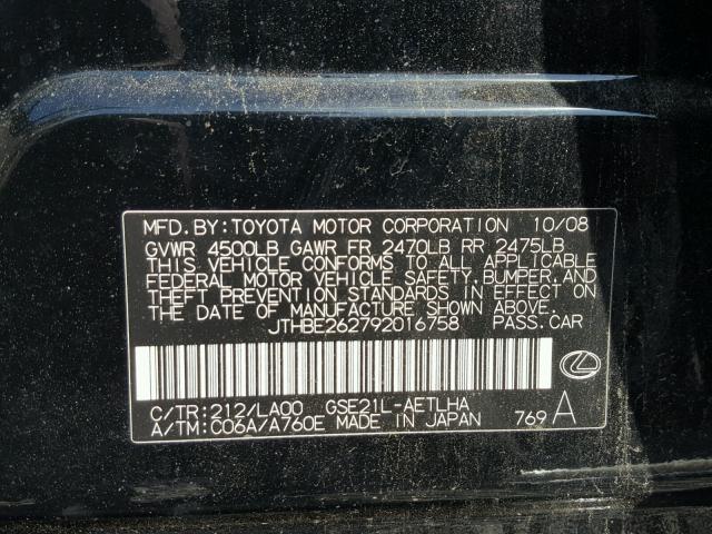 JTHBE262792016758 - 2009 LEXUS IS 350 BLACK photo 10