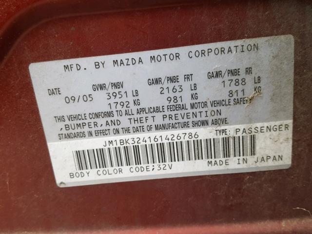 JM1BK324161426786 - 2006 MAZDA 3 S RED photo 10