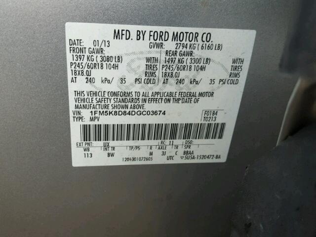 1FM5K8D84DGC03674 - 2013 FORD EXPLORER SILVER photo 10