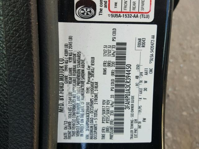 3FAHP0JA3CR394450 - 2012 FORD FUSION SEL BLACK photo 10