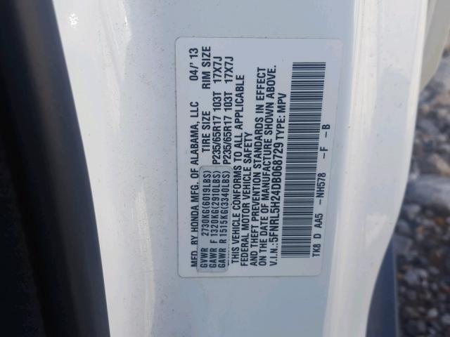 5FNRL5H24DB068729 - 2013 HONDA ODYSSEY LX WHITE photo 10