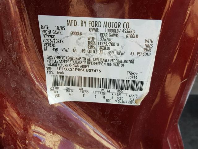 1FTSX21P86EB57475 - 2006 FORD F250 SUPER MAROON photo 10