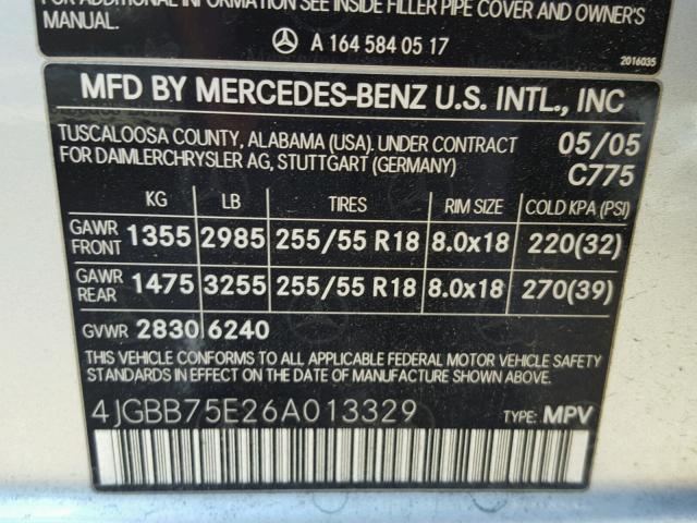 4JGBB75E26A013329 - 2006 MERCEDES-BENZ ML 500 SILVER photo 10