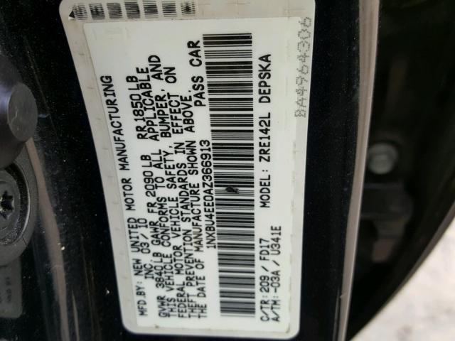 1NXBU4EE0AZ366913 - 2010 TOYOTA COROLLA BA BLACK photo 10