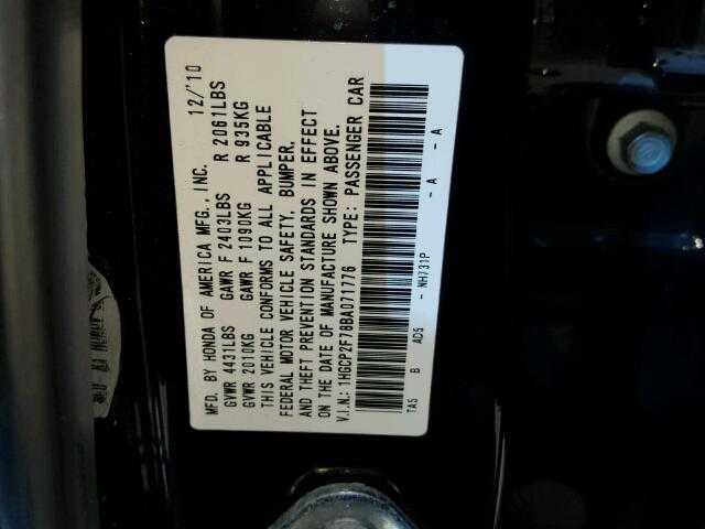 1HGCP2F78BA071776 - 2011 HONDA ACCORD EX BLACK photo 10