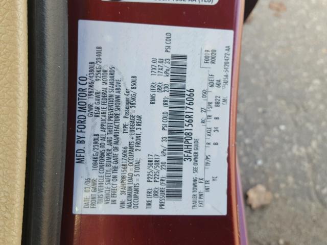 3FAHP08156R176066 - 2006 FORD FUSION SEL BURGUNDY photo 10