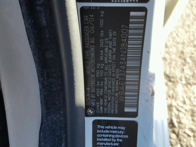 WBAET37434NJ84007 - 2004 BMW 325 I WHITE photo 10
