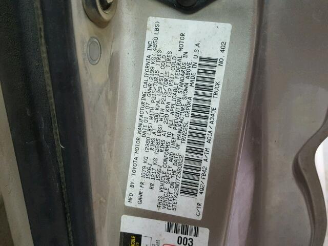 5TETX22N07Z380822 - 2007 TOYOTA TACOMA ACC GRAY photo 10