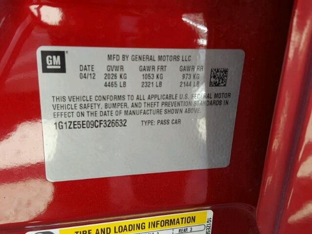 1G1ZE5E09CF326632 - 2012 CHEVROLET MALIBU LTZ 红色 照片 10