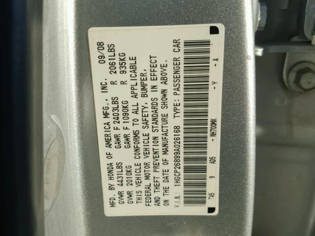 1HGCP26899A026168 - 2009 HONDA ACCORD EXL SILVER photo 10