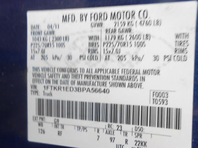 1FTKR1ED3BPA56640 - 2011 FORD RANGER BLUE photo 10