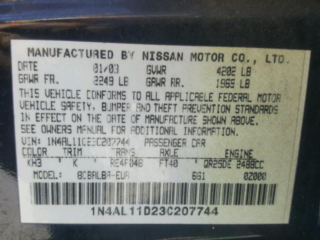 1N4AL11D23C207744 - 2003 NISSAN ALTIMA BAS BLACK photo 10