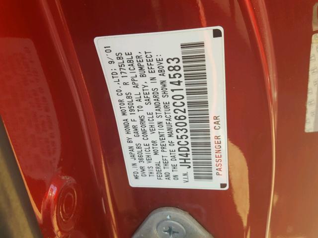 JH4DC53062C014583 - 2002 ACURA RSX TYPE-S RED photo 10