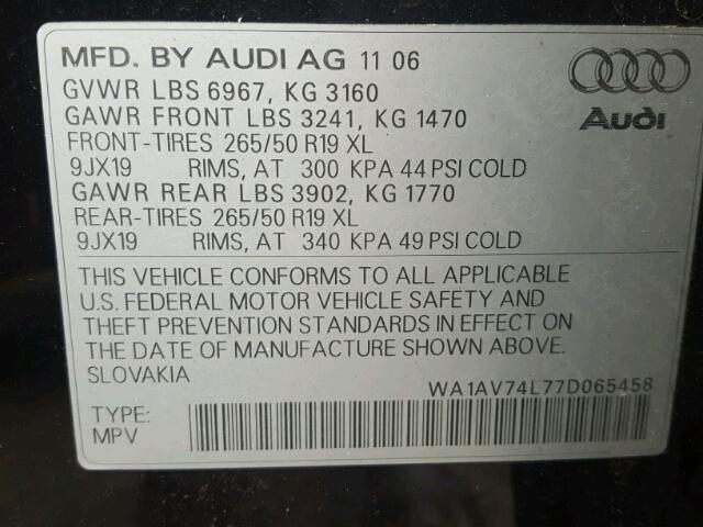 WA1AV74L77D065458 - 2007 AUDI Q7 4.2 QUA BLACK photo 10