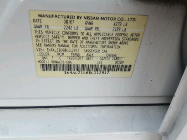 1N4AL21E68C112917 - 2008 NISSAN ALTIMA 2.5 WHITE photo 10