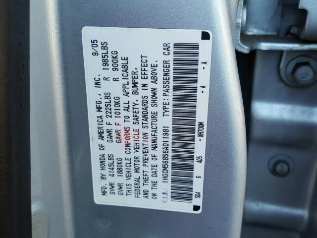 1HGCM56856A011981 - 2006 HONDA ACCORD EX SILVER photo 10