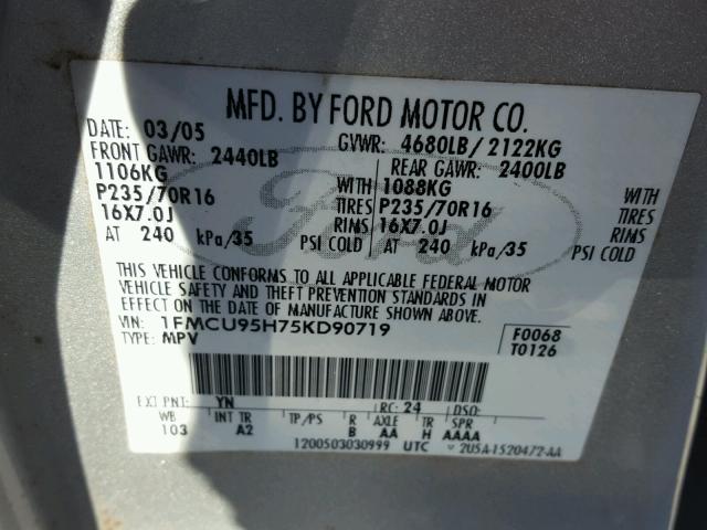 1FMCU95H75KD90719 - 2005 FORD ESCAPE SILVER photo 10