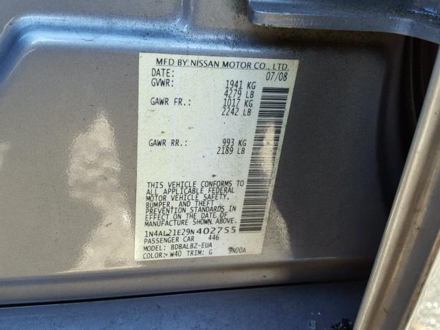 1N4AL21E29N402755 - 2009 NISSAN ALTIMA 2.5 GRAY photo 10