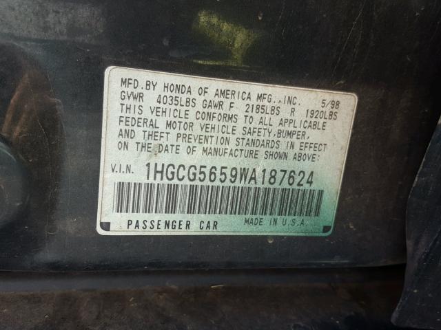 1HGCG5659WA187624 - 1998 HONDA ACCORD EX GREEN photo 10