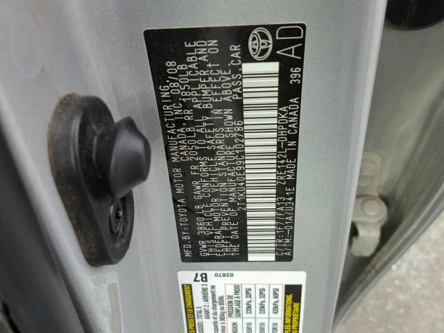 2T1KU40E99C102786 - 2009 TOYOTA COROLLA MA SILVER photo 10