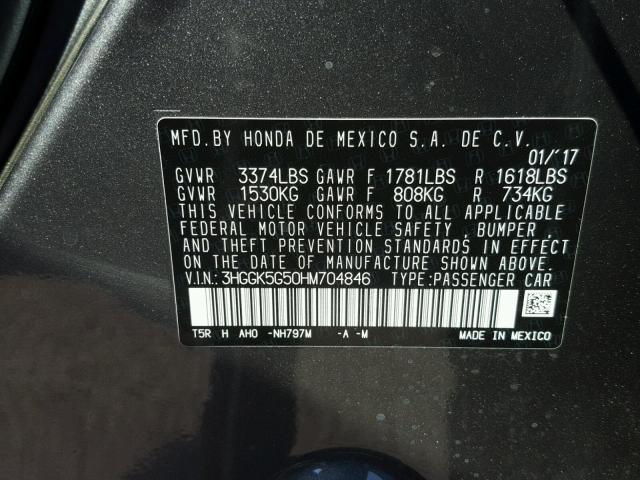 3HGGK5G50HM704846 - 2017 HONDA FIT LX GRAY photo 10