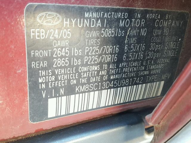 KM8SC13D45U981742 - 2005 HYUNDAI SANTA FE G MAROON photo 10