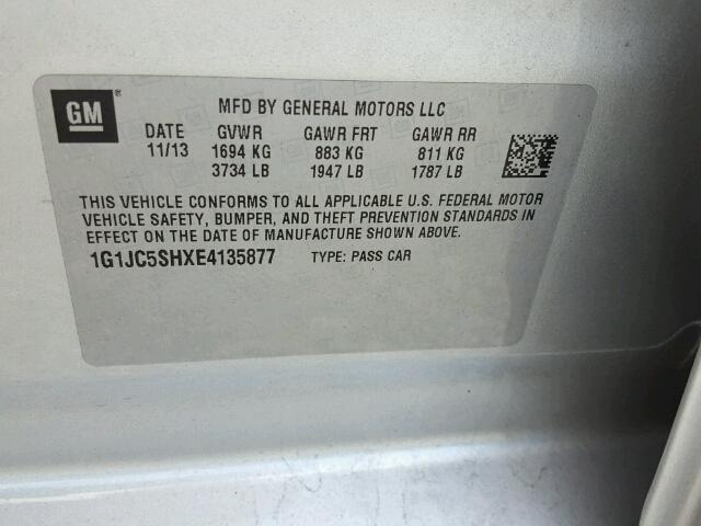 1G1JC5SHXE4135877 - 2014 CHEVROLET SONIC LT SILVER photo 10