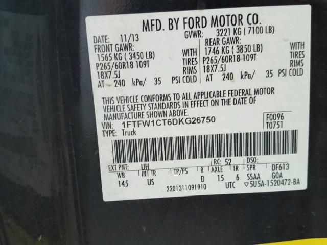 1FTFW1CT6DKG26750 - 2013 FORD F150 BLACK photo 10