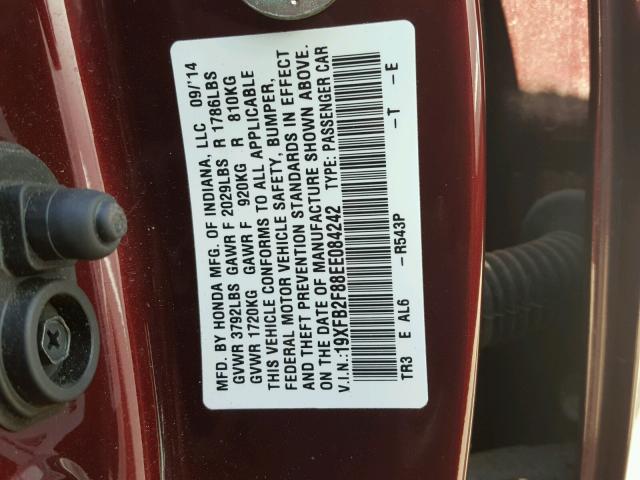 19XFB2F88EE084242 - 2014 HONDA CIVIC EX BURGUNDY photo 10