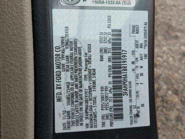 3FAHP0HA1BR191917 - 2011 FORD FUSION SE GRAY photo 10