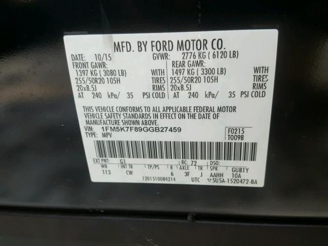 1FM5K7F89GGB27459 - 2016 FORD EXPLORER L BLACK photo 10