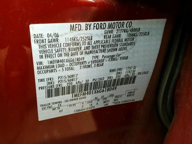 1MEFM401X6G618049 - 2006 MERCURY MONTEGO LU MAROON photo 10