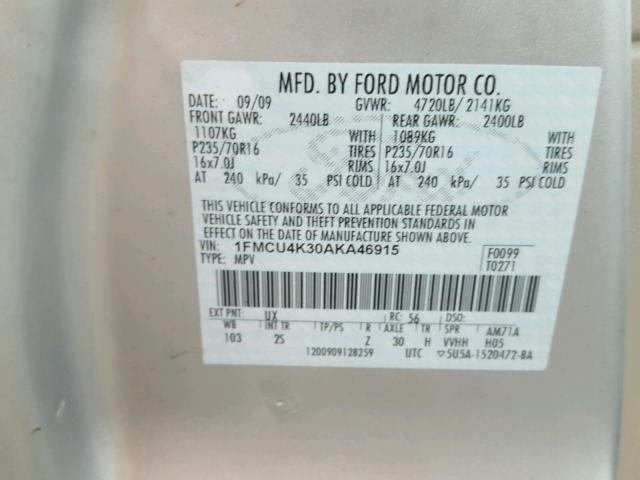 1FMCU4K30AKA46915 - 2010 FORD ESCAPE SILVER photo 10