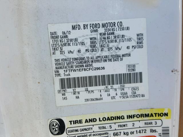 1FTFW1EF8CFC29636 - 2012 FORD F150 SUPER SILVER photo 10