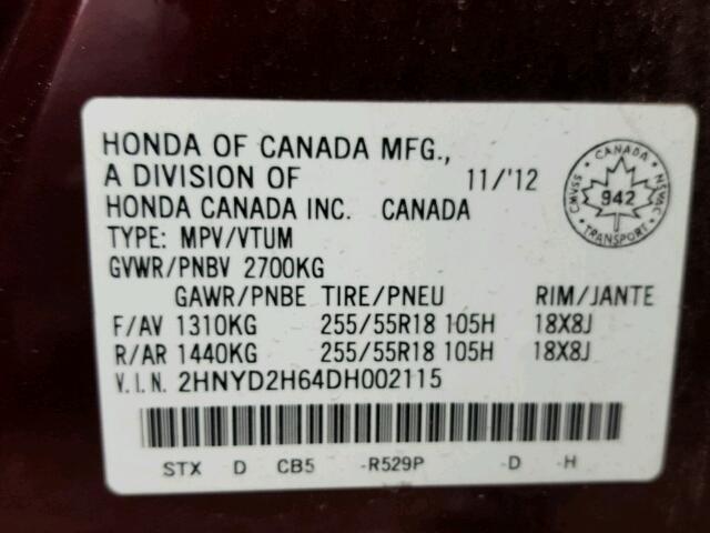 2HNYD2H64DH002115 - 2013 ACURA MDX ADVANC BURGUNDY photo 10